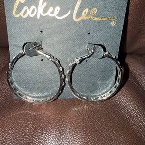 Cookie Lee Silver Tone Genuine Crystal Hoop Earrings NWT Retail $24